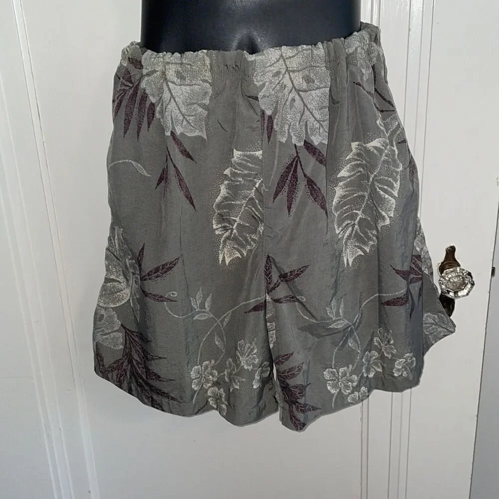 Nautica army green, cream‎ & maroon floral & leaf print nylon swim trunks